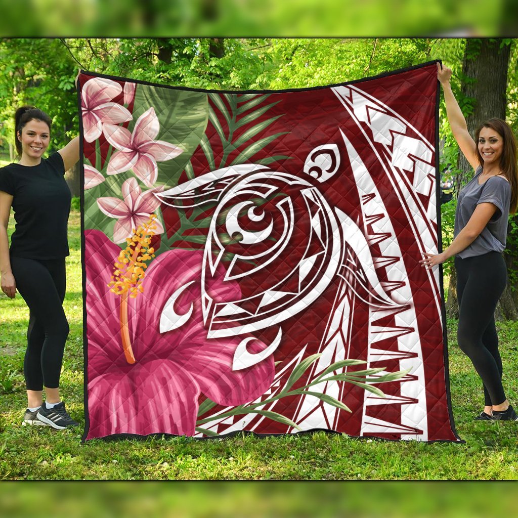 Hawaii Polynesian Turtle Tropical Hibiscus Plumeria Premium Quilts - Red - AH Black - Polynesian Pride