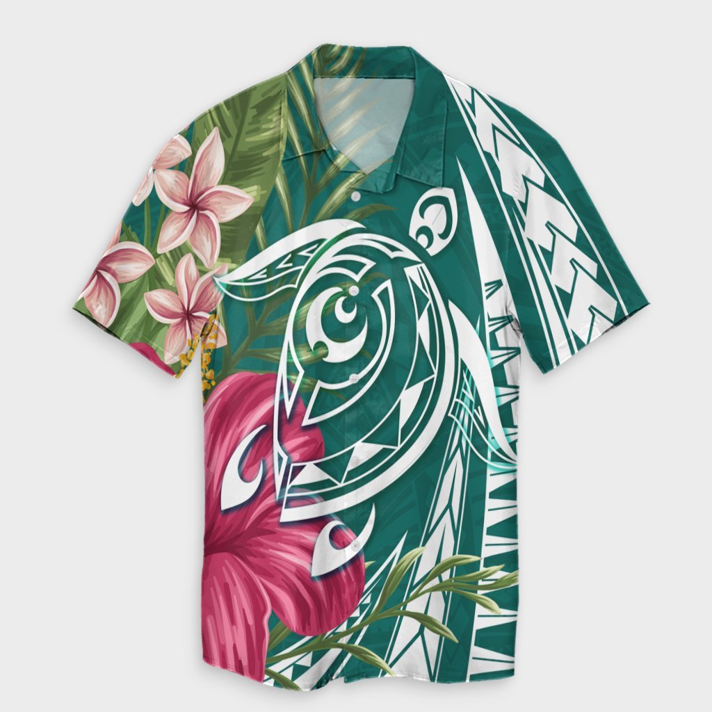 Hawaii Polynesian Turtle Tropical Hibiscus Plumeria Hawaiian Shirt - Turquoise - AH Unisex Black - Polynesian Pride