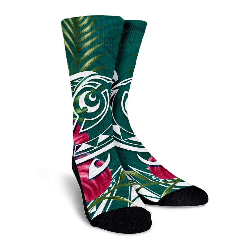 Hawaii Polynesian Turtle Tropical Hibiscus Plumeria Crew Socks - Turquoise - AH - Polynesian Pride