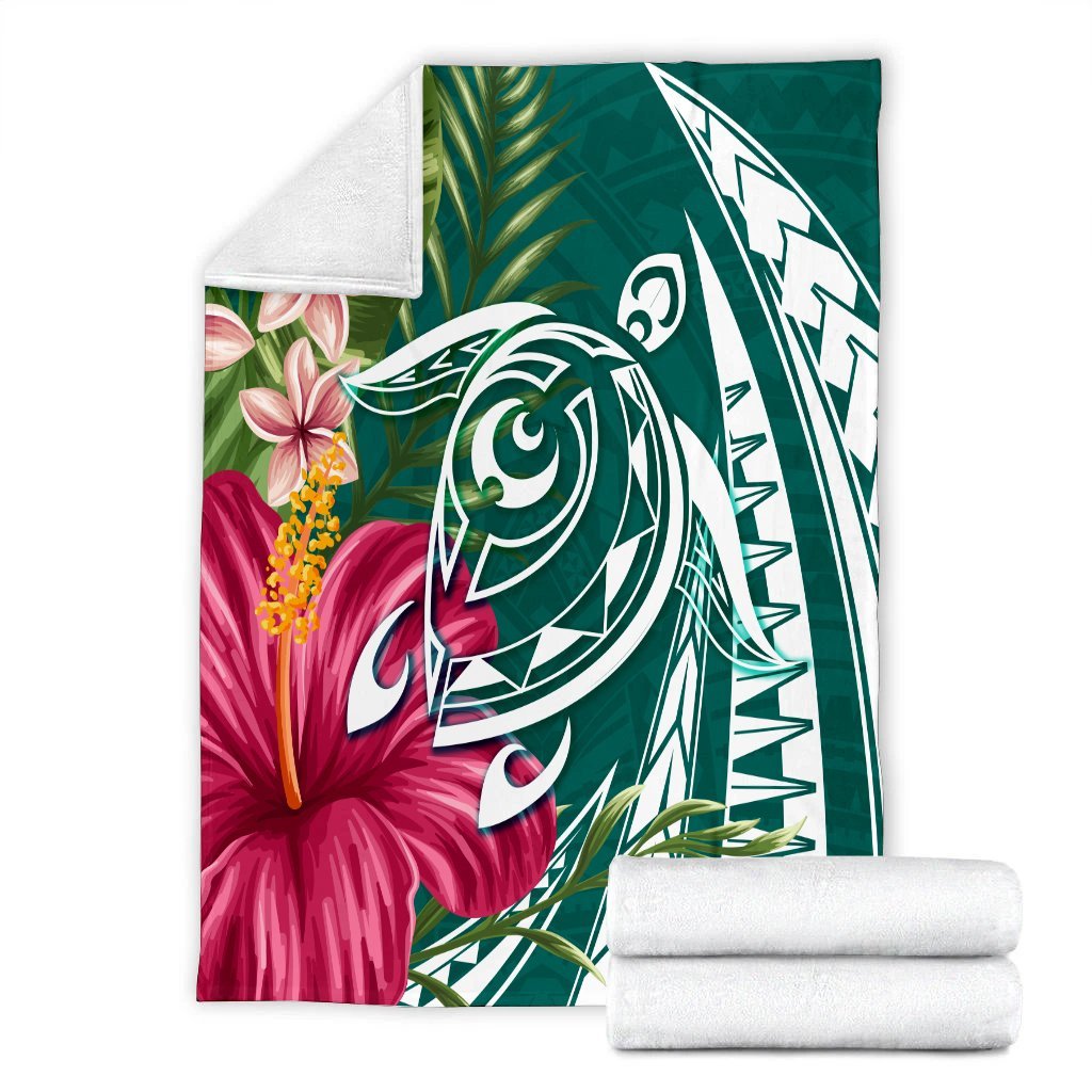 Hawaii Polynesian Turtle Tropical Hibiscus Plumeria Premium Blankets - Turquoise - AH - Polynesian Pride