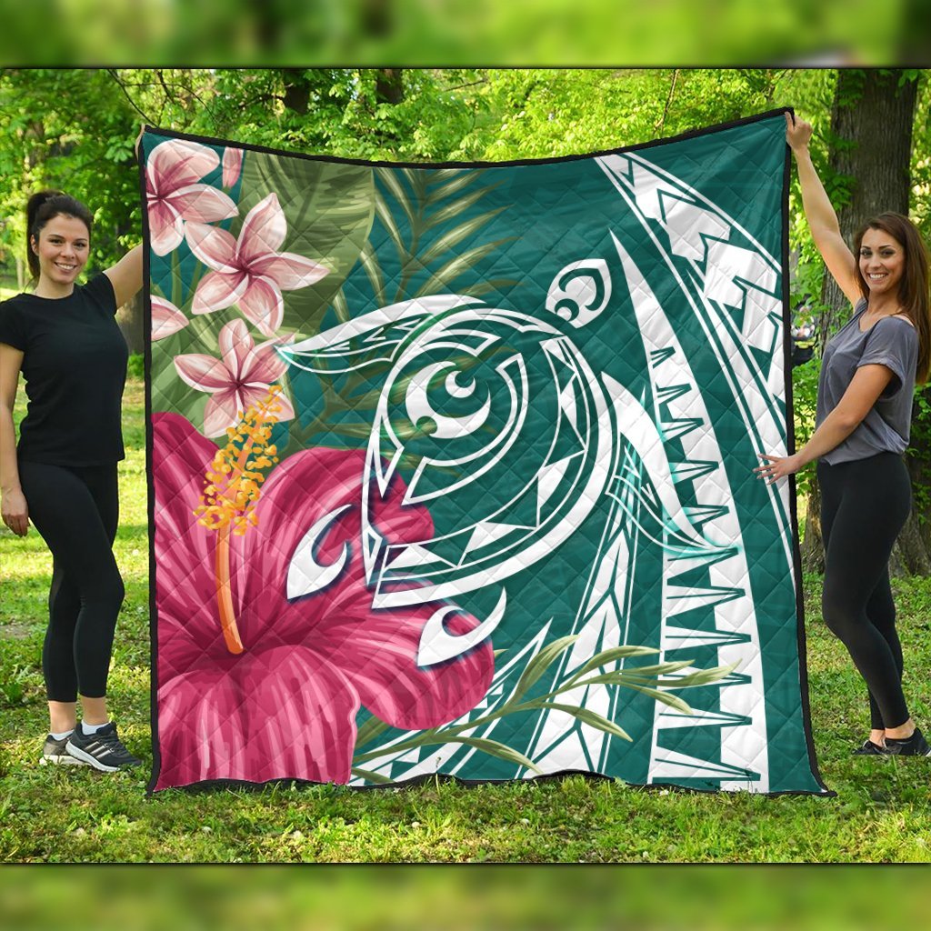 Hawaii Polynesian Turtle Tropical Hibiscus Plumeria Premium Quilts - Turquoise - AH Black - Polynesian Pride