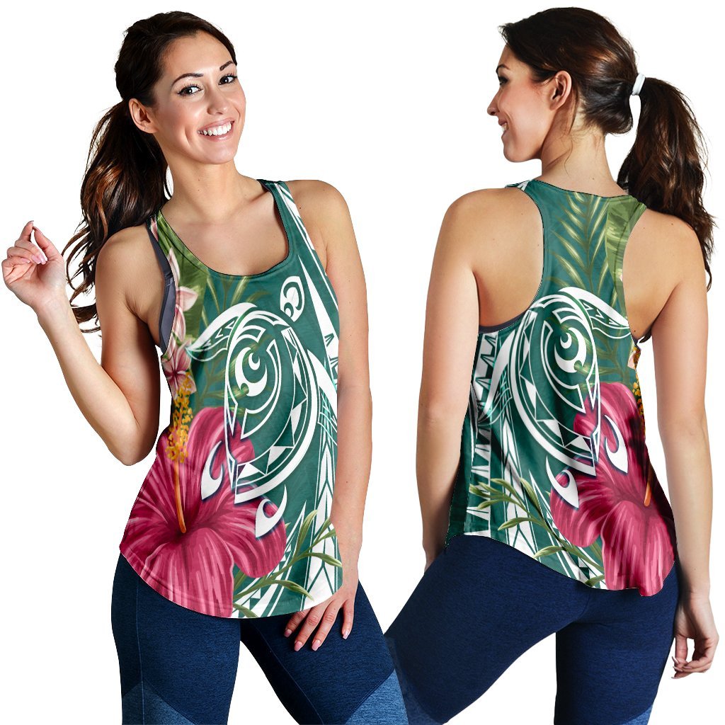 Hawaii Polynesian Turtle Tropical Hibiscus Plumeria Racerback Tank - Turquoise - AH Black - Polynesian Pride