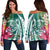 Hawaii Polynesian Turtle Tropical Hibiscus Plumeria Women's Off Shoulder Sweater - Turquoise - AH Black - Polynesian Pride