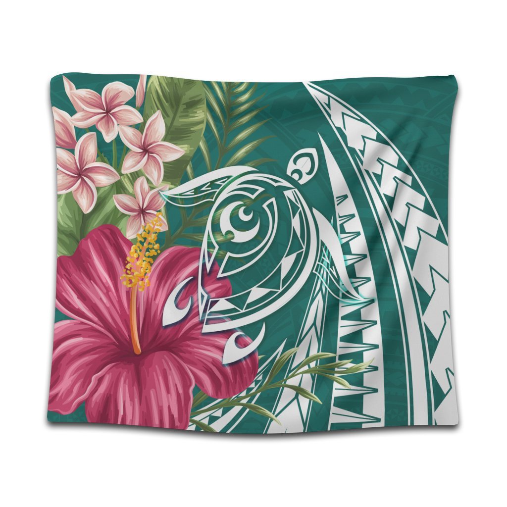 Hawaii Polynesian Turtle Tropical Hibiscus Plumeria Tapestry - Turquoise - AH Wall Tapestry Black - Polynesian Pride