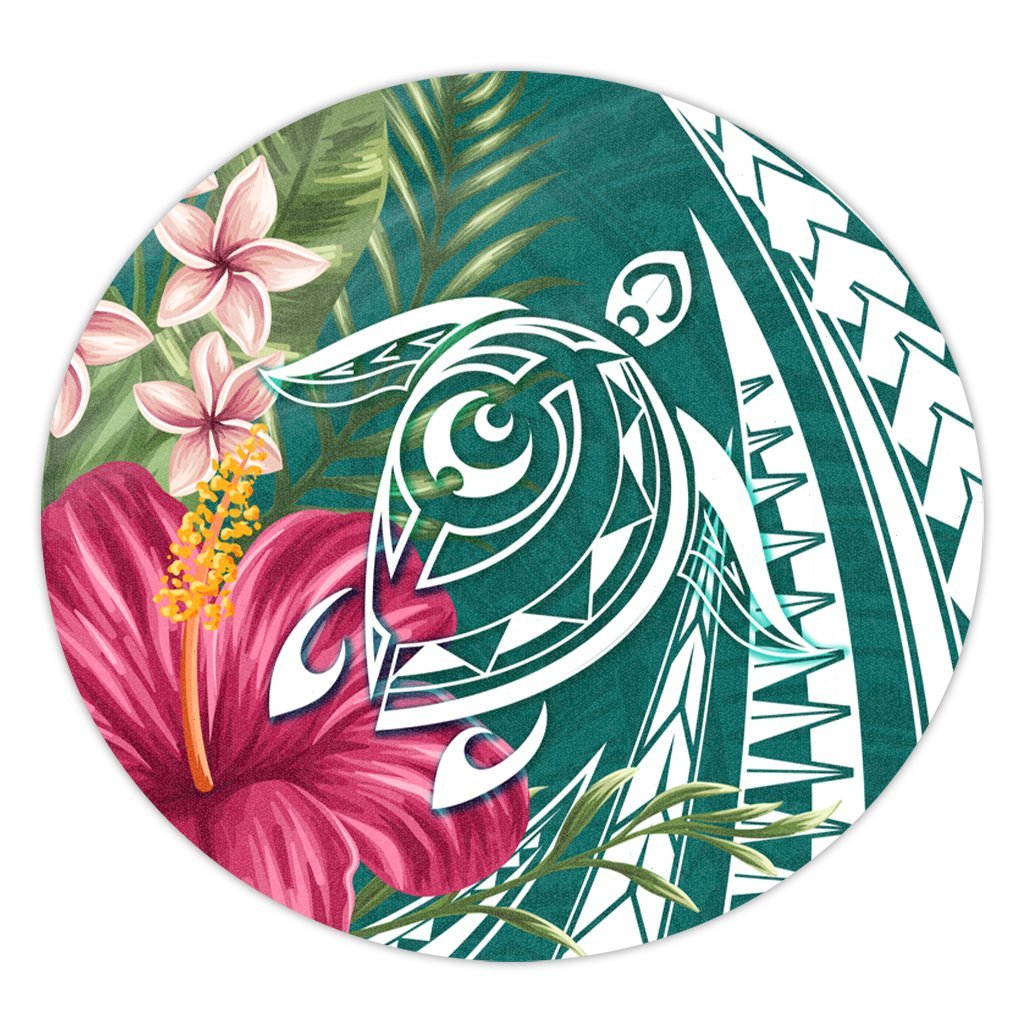 Hawaii Polynesian Turtle Tropical Hibiscus Plumeria Round Carpet - Turquoise - AH Round Carpet Luxurious Plush - Polynesian Pride