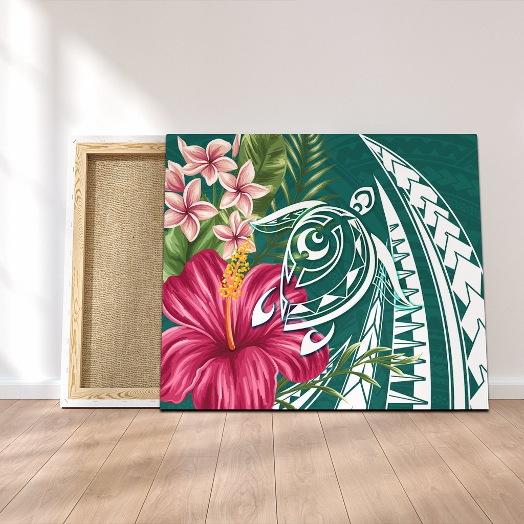 Hawaii Polynesian Turtle Tropical Hibiscus Plumeria Canvas - Turquoise - AH Canvas Poly-cotton - Polynesian Pride