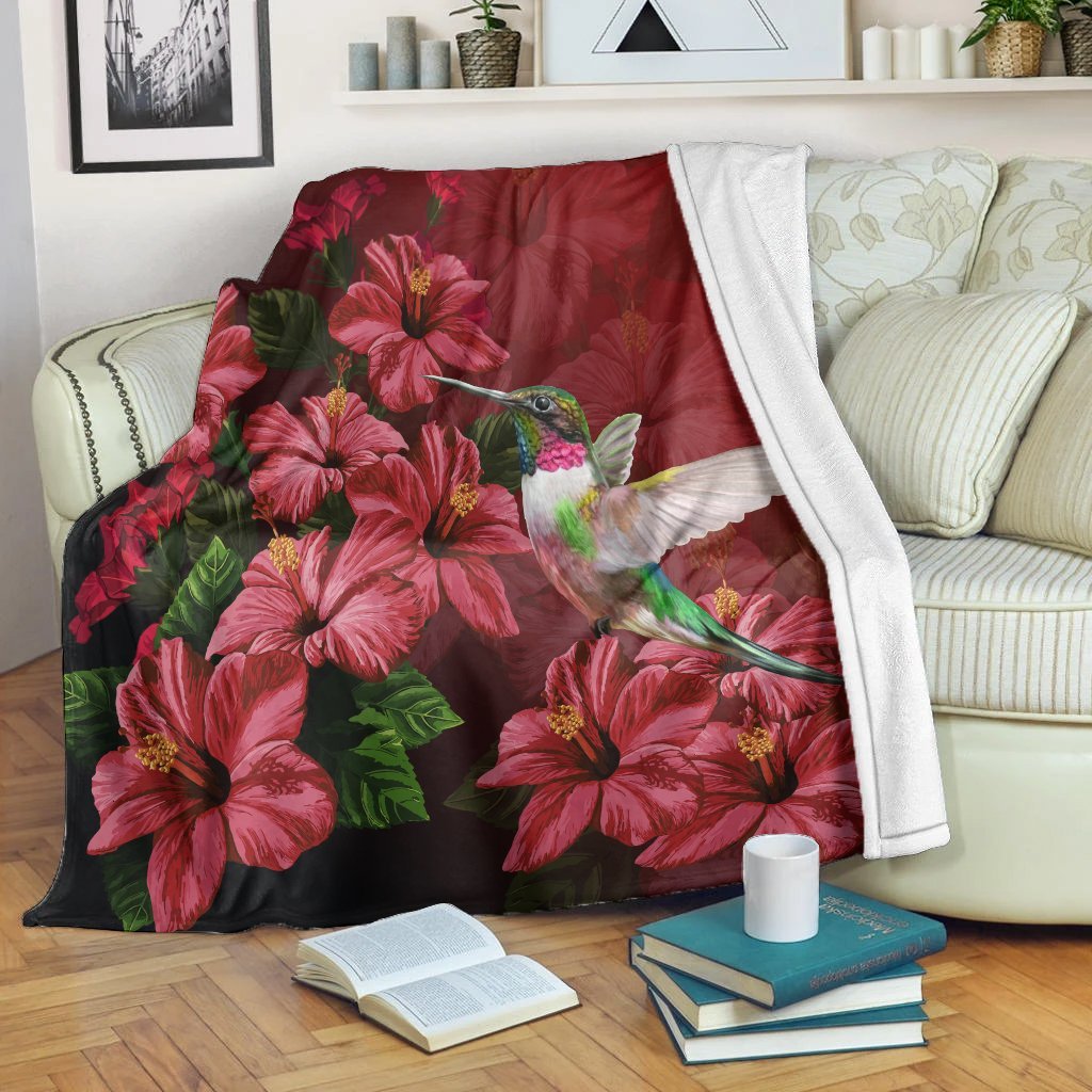 Hawaii Red Hibiscus Humming Bird Premium Blankets - AH White - Polynesian Pride