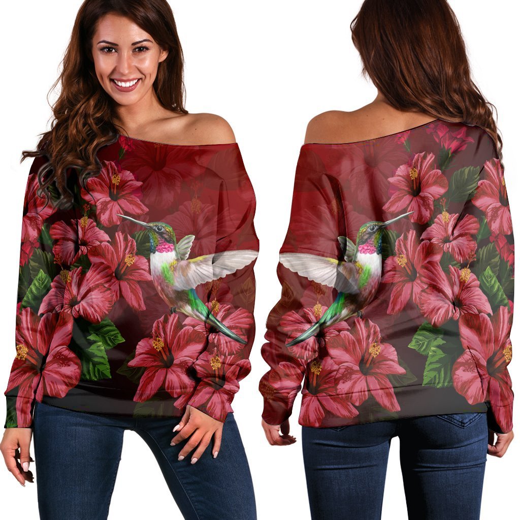 Hawaii Red Hibiscus Humming Bird Women's Off Shoulder Sweater - AH Black - Polynesian Pride