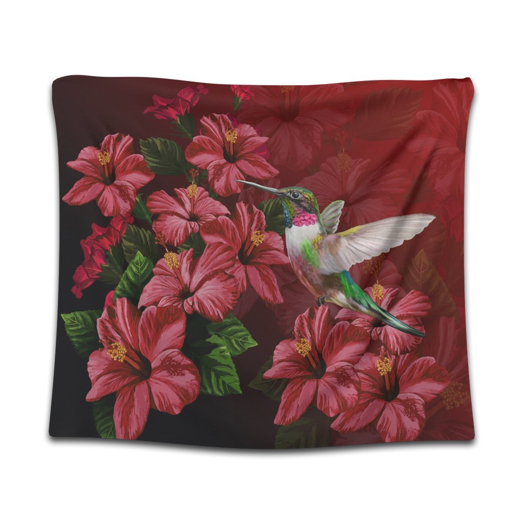 Hawaii Red Hibiscus Humming Bird Tapestry - AH Wall Tapestry Black - Polynesian Pride