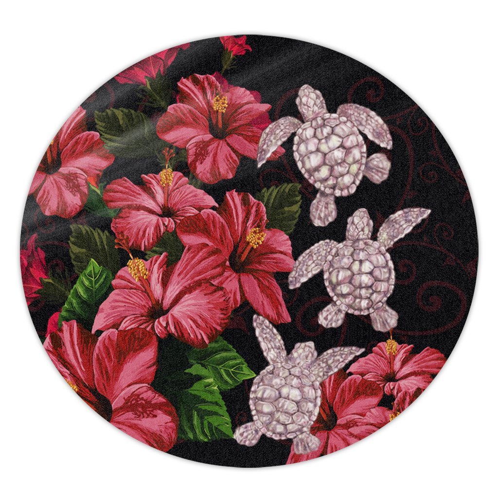 Hawaii Red Hibiscus Turtle Round Carpet - AH - Ray Style Round Carpet Luxurious Plush - Polynesian Pride