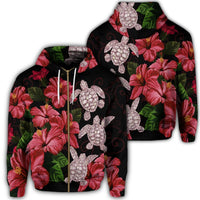 Hawaii Red Hibiscus Turtle Zip Hoodie Ray Style Unisex Art - Polynesian Pride