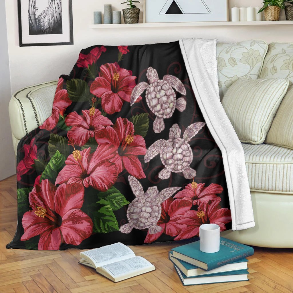 Hawaii Red Hibiscus Turtle Premium Blankets - AH - Ray Style White - Polynesian Pride