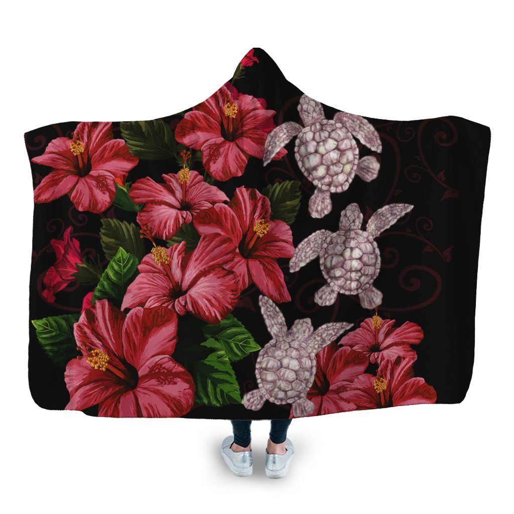 Hawaii Red Hibiscus Turtle Hooded Blanket - AH - Ray Style Hooded Blanket White - Polynesian Pride