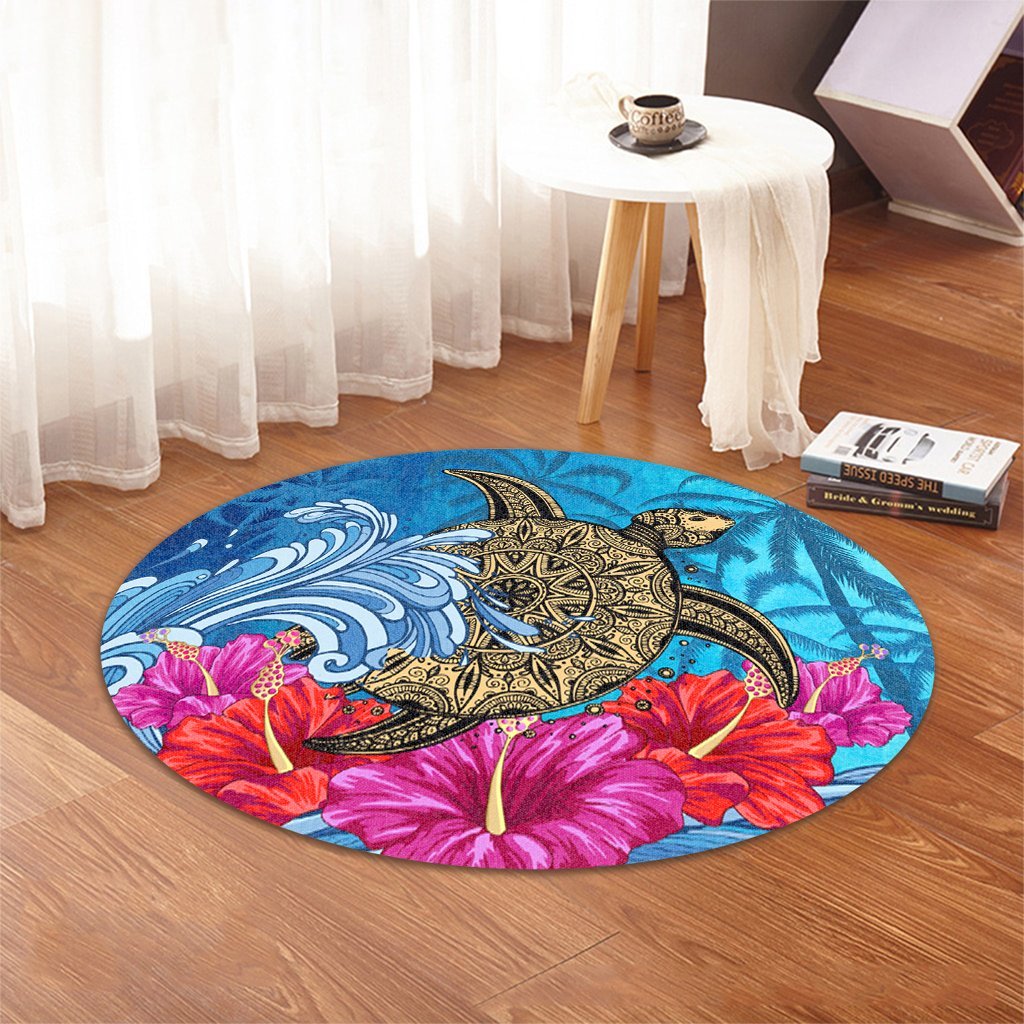 Hawaii Sea Turtle Hibiscus Coconut Tree Round Carpet - AH - Polynesian Pride