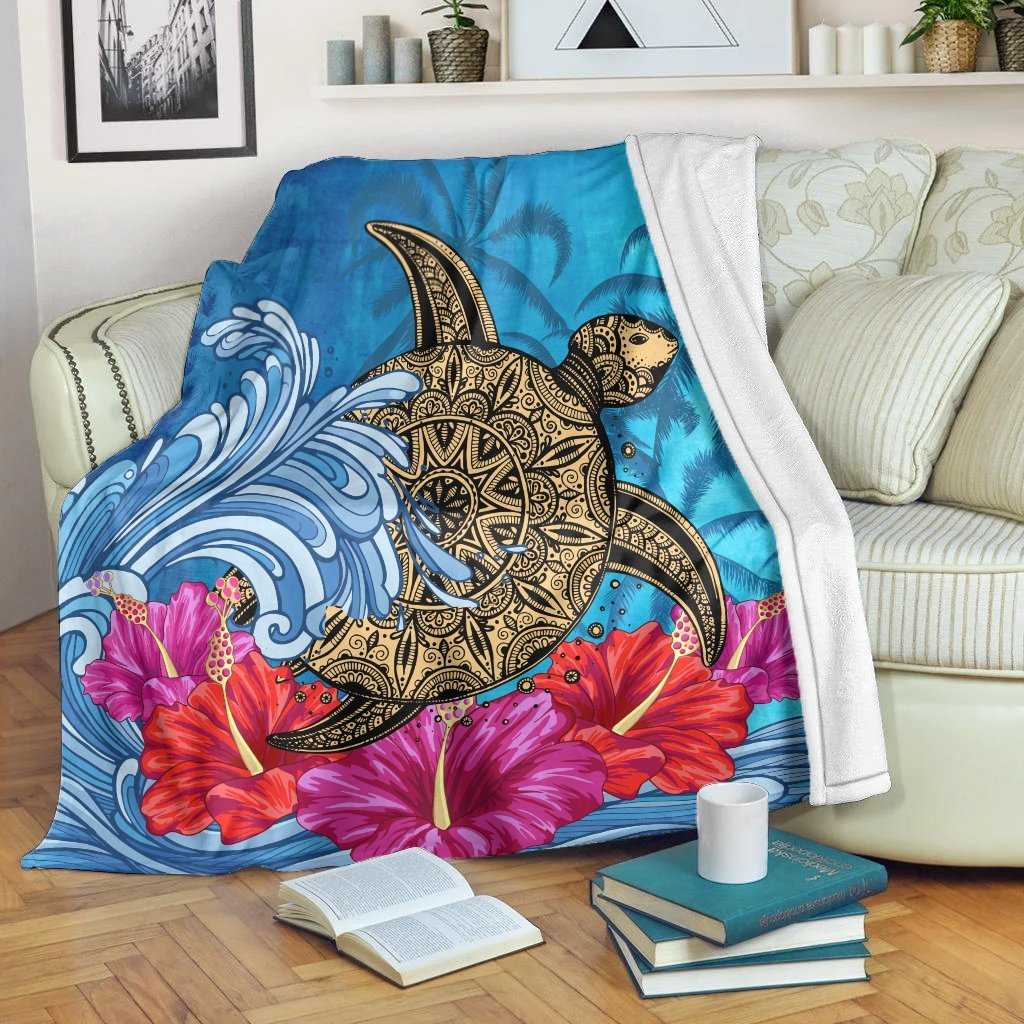 Hawaii Sea Turtle Hibiscus Coconut Tree Premium Blankets - AH White - Polynesian Pride