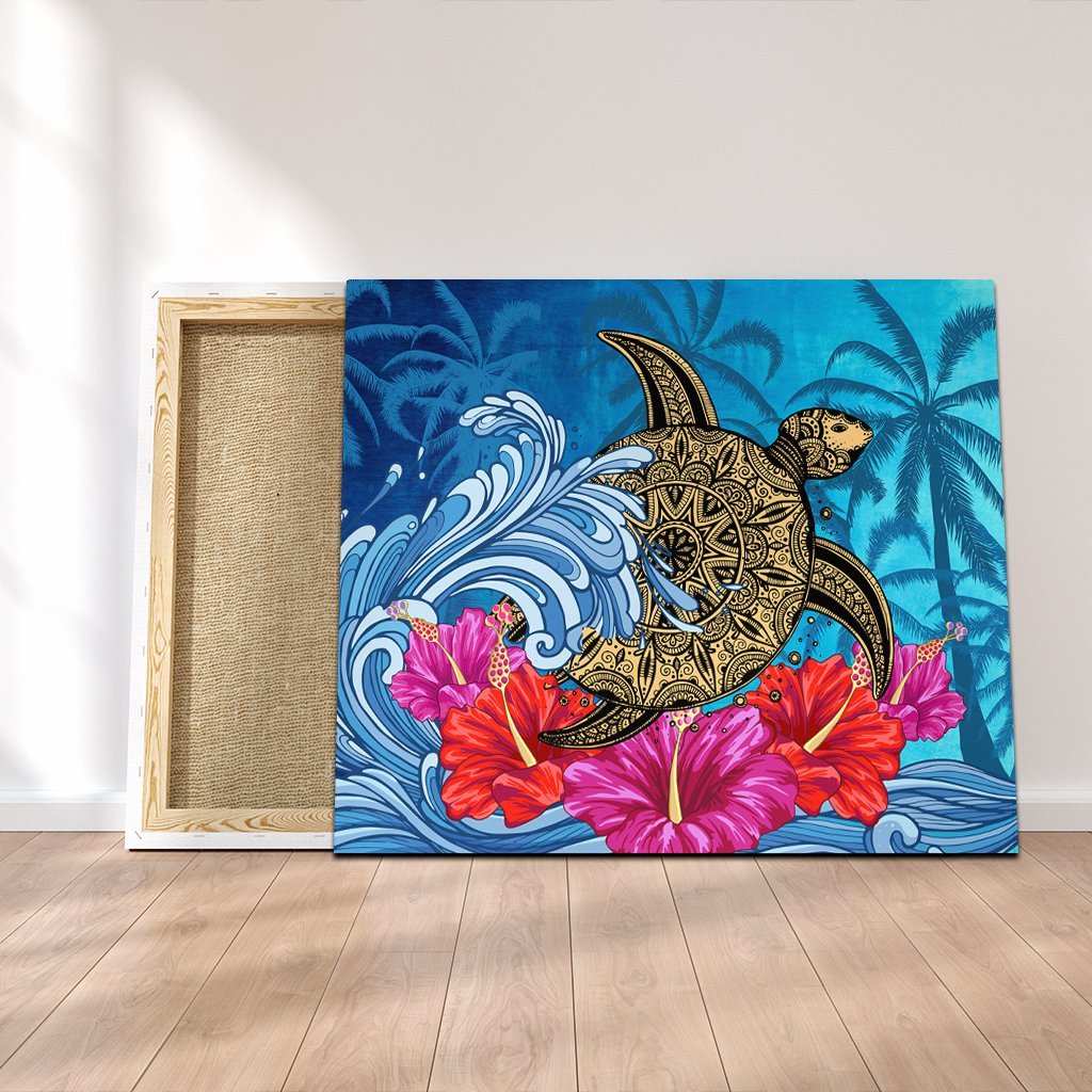 Hawaii Sea Turtle Hibiscus Coconut Tree Canvas - AH Canvas Poly-cotton - Polynesian Pride