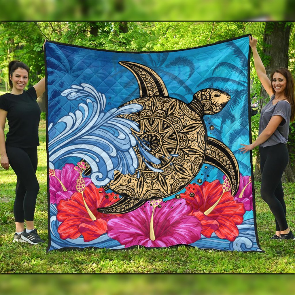 Hawaii Sea Turtle Hibiscus Coconut Tree Premium Quilts - AH Black - Polynesian Pride