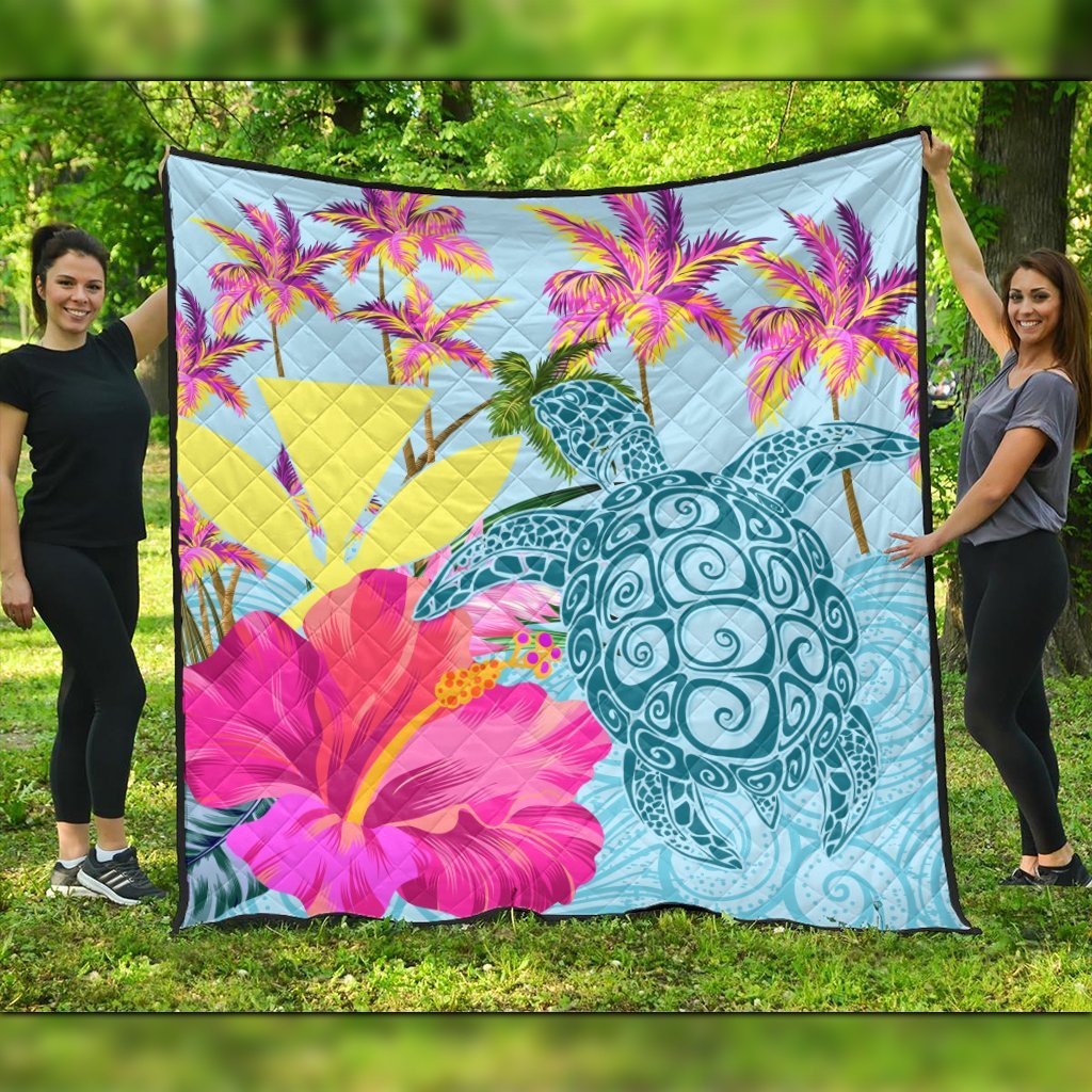 Hawaii Sea Turtle Hibiscus Kanaka Premium Quilts - AH Black - Polynesian Pride