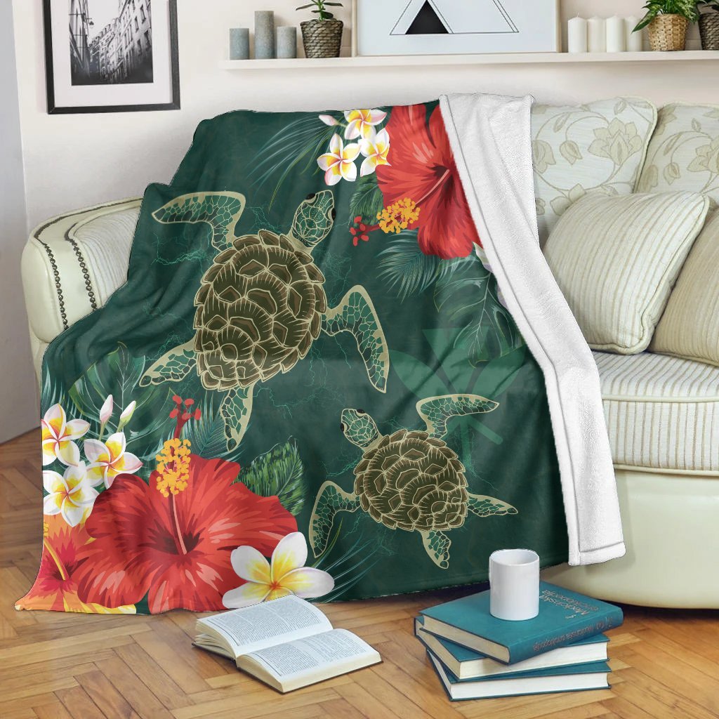 Hawaii Sea Turtle Hibiscus Plumria Premium Blankets - AH White - Polynesian Pride