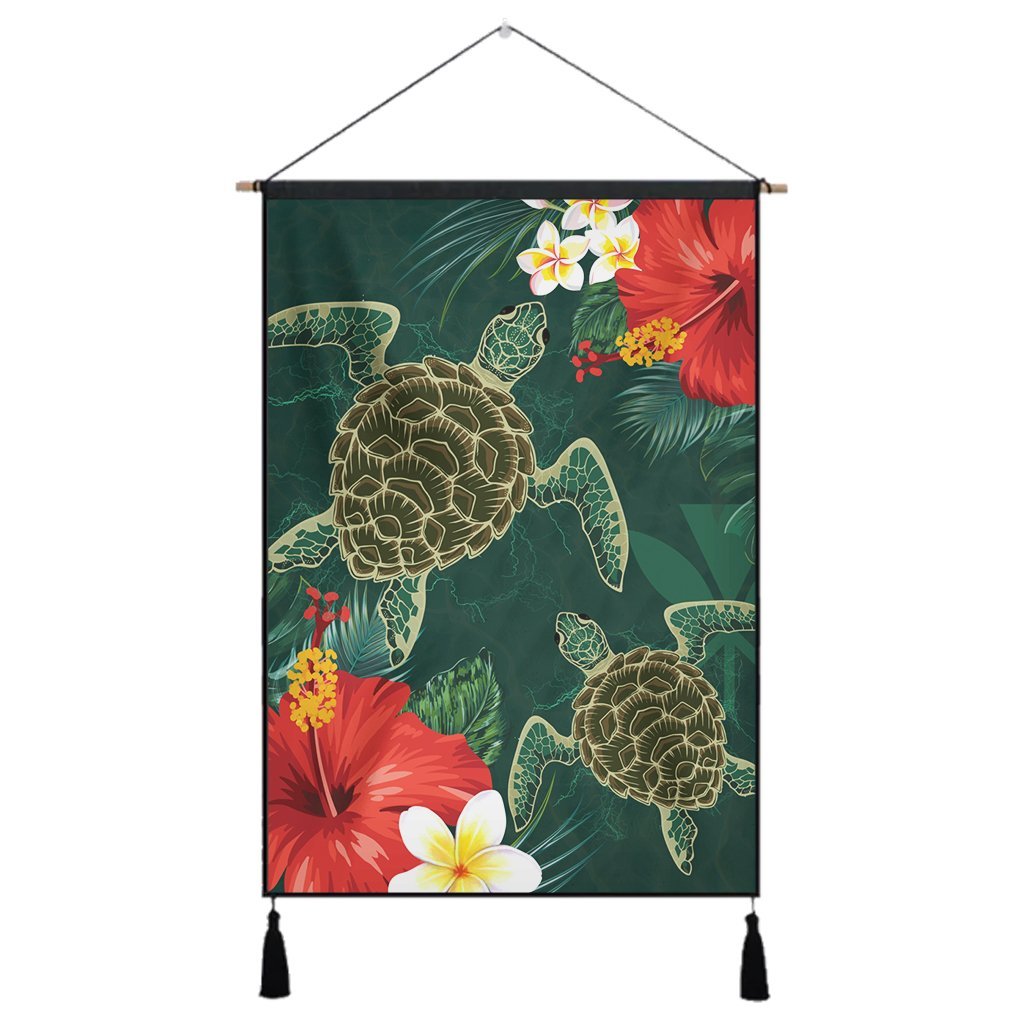 Hawaii Sea Turtle Hibiscus Plumria Hanging Poster - AH Hanging Poster Cotton And Linen - Polynesian Pride