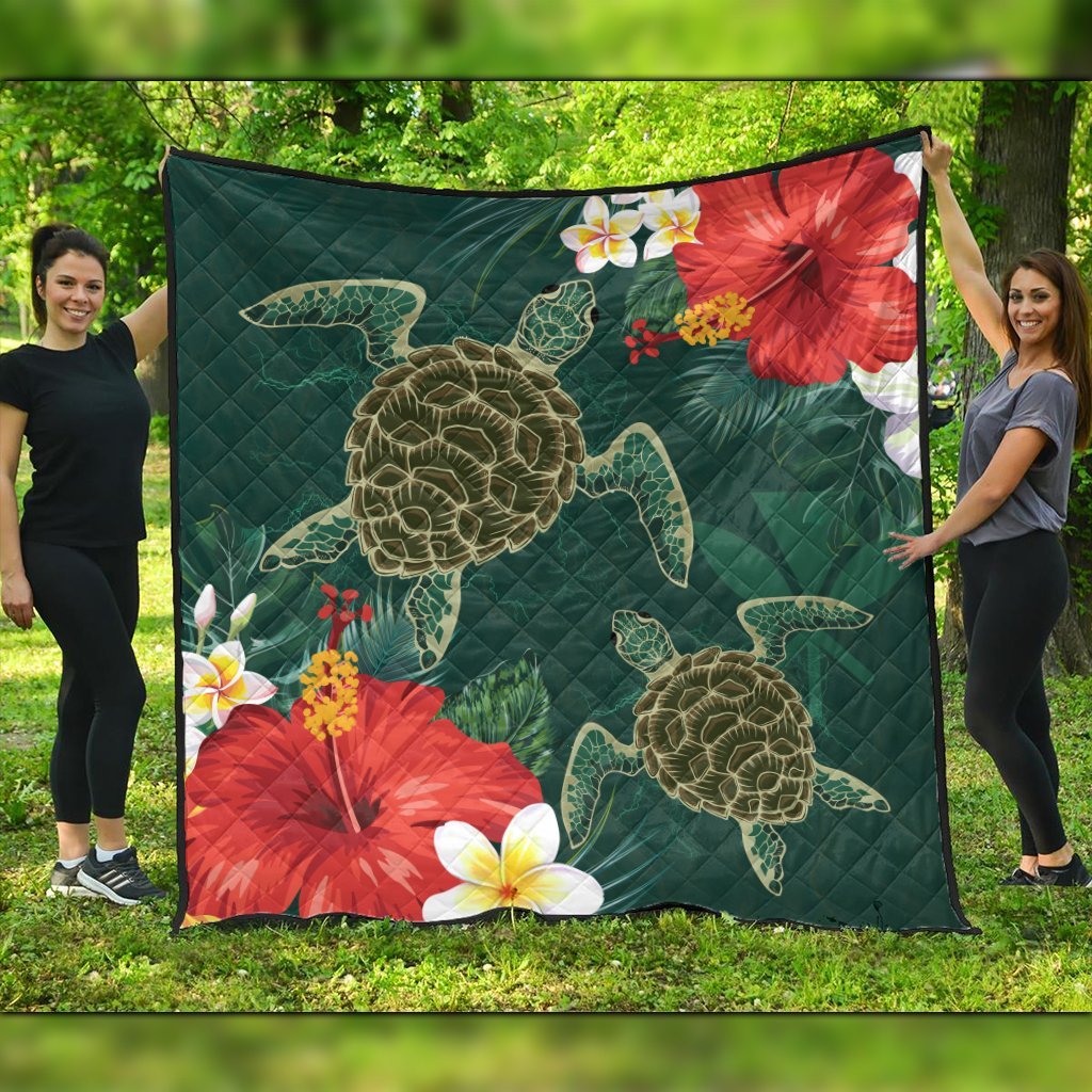 Hawaii Sea Turtle Hibiscus Plumria Premium Quilts - AH Black - Polynesian Pride