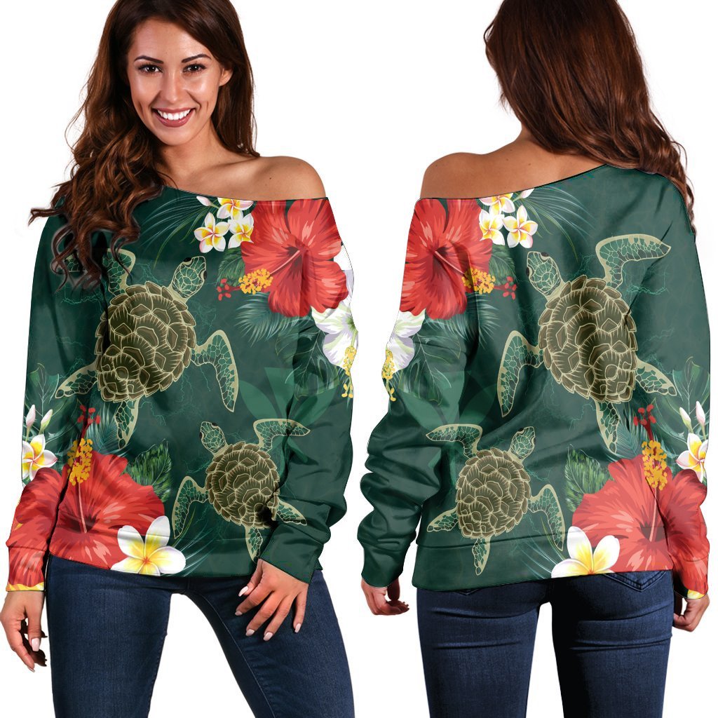 Hawaii Sea Turtle Hibiscus Plumria Women's Off Shoulder Sweater - AH Black - Polynesian Pride