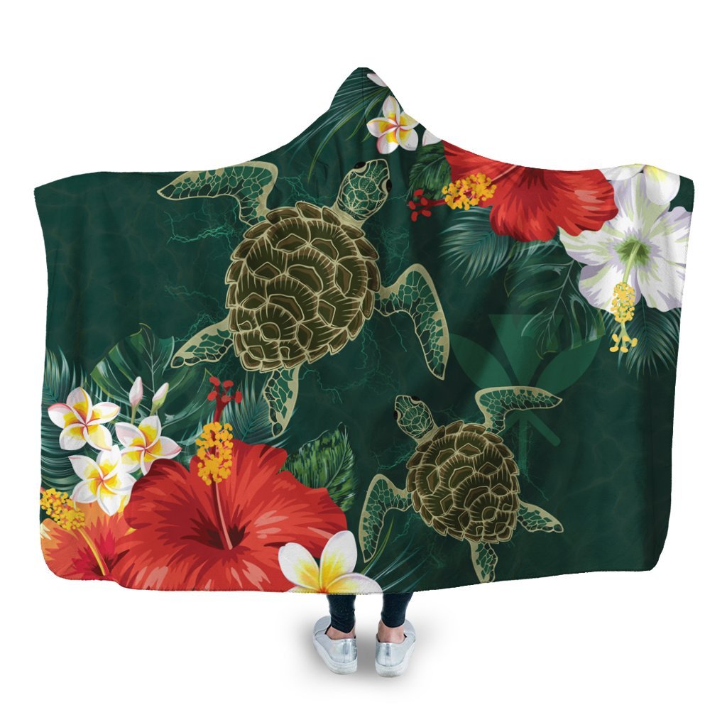 Hawaii Sea Turtle Hibiscus Plumria Hooded Blanket - AH Hooded Blanket White - Polynesian Pride