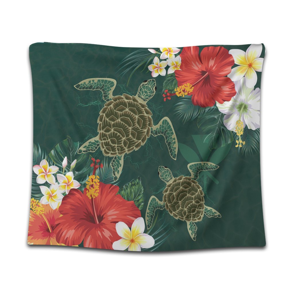 Hawaii Sea Turtle Hibiscus Plumria Tapestry - AH Wall Tapestry Black - Polynesian Pride