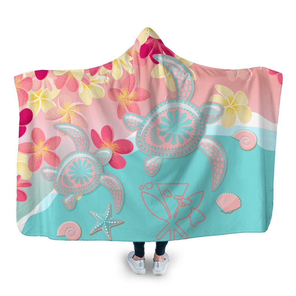 Hawaii Sea Turtle Plumeria Hooded Blanket - AH Hooded Blanket White - Polynesian Pride