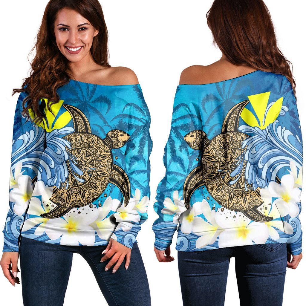 Hawaii Sea Turtle Plumeria Coconut Tree Women's Off Shoulder Sweater - AH Black - Polynesian Pride