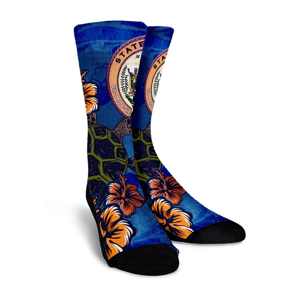 Hawaii Seal Of Hawaii Hibiscus Ocean Turtle Polynesian Crew Socks - AH - Polynesian Pride