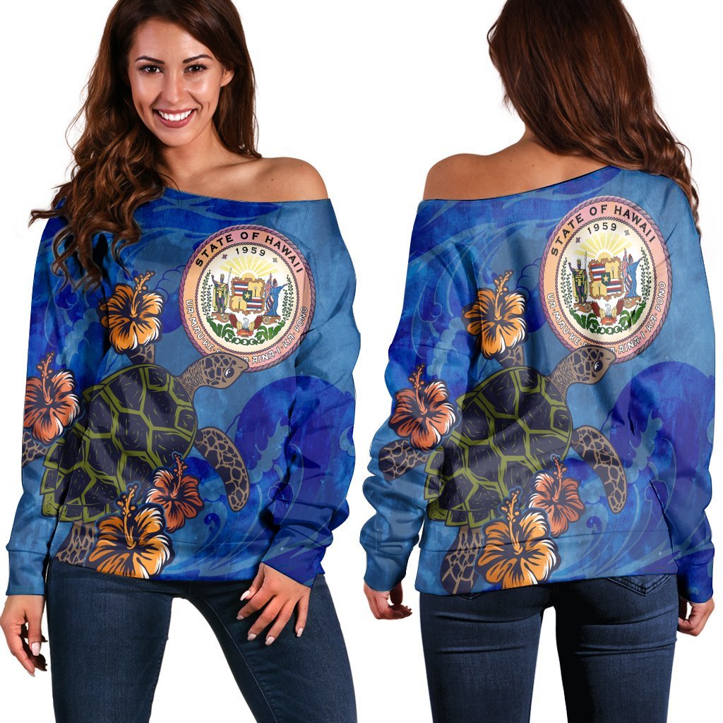 Hawaii Seal Of Hawaii Hibiscus Ocean Turtle Polynesian Women's Off Shoulder Sweater - AH Black - Polynesian Pride