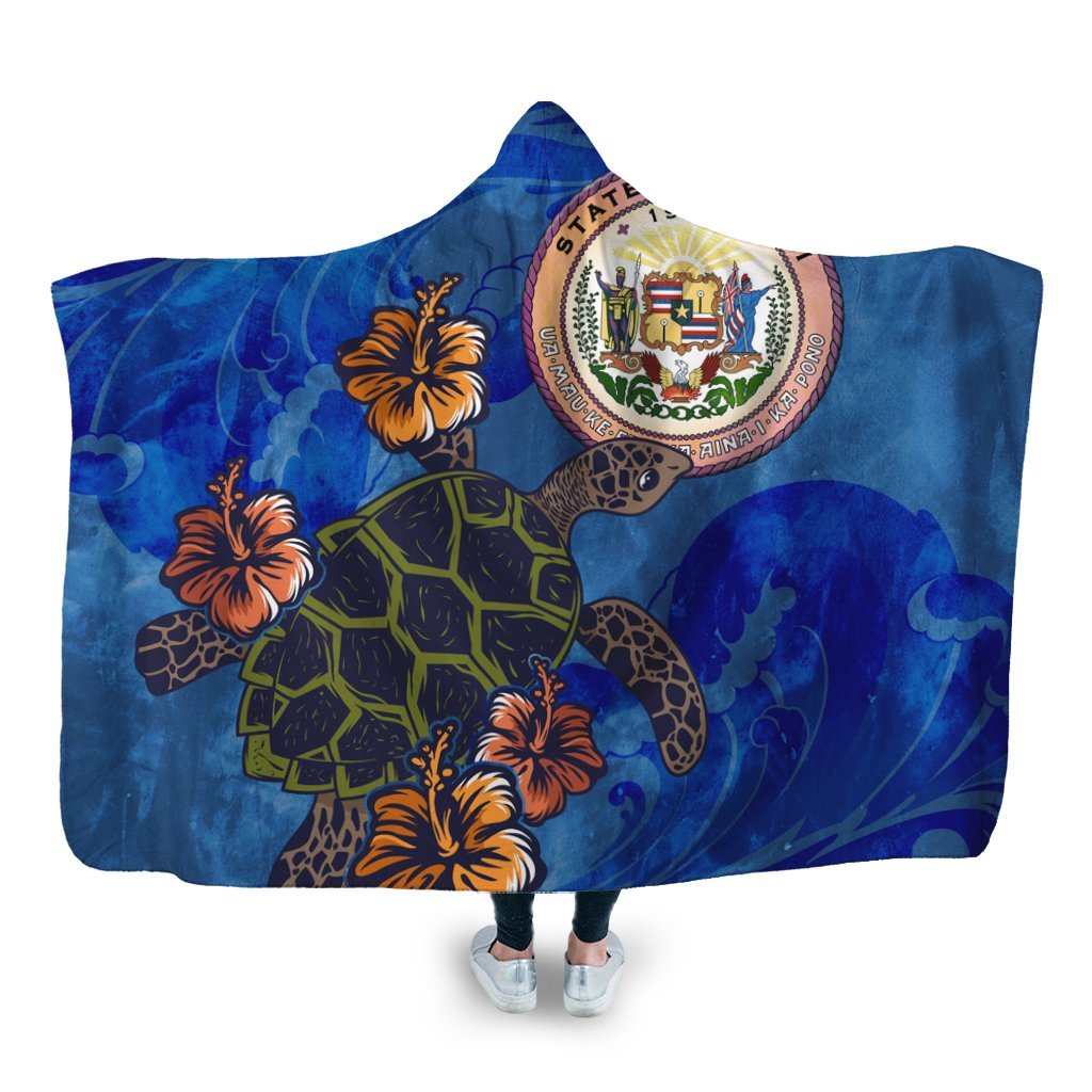 Hawaii Seal Of Hawaii Hibiscus Ocean Turtle Polynesian Hooded Blanket - AH Hooded Blanket White - Polynesian Pride