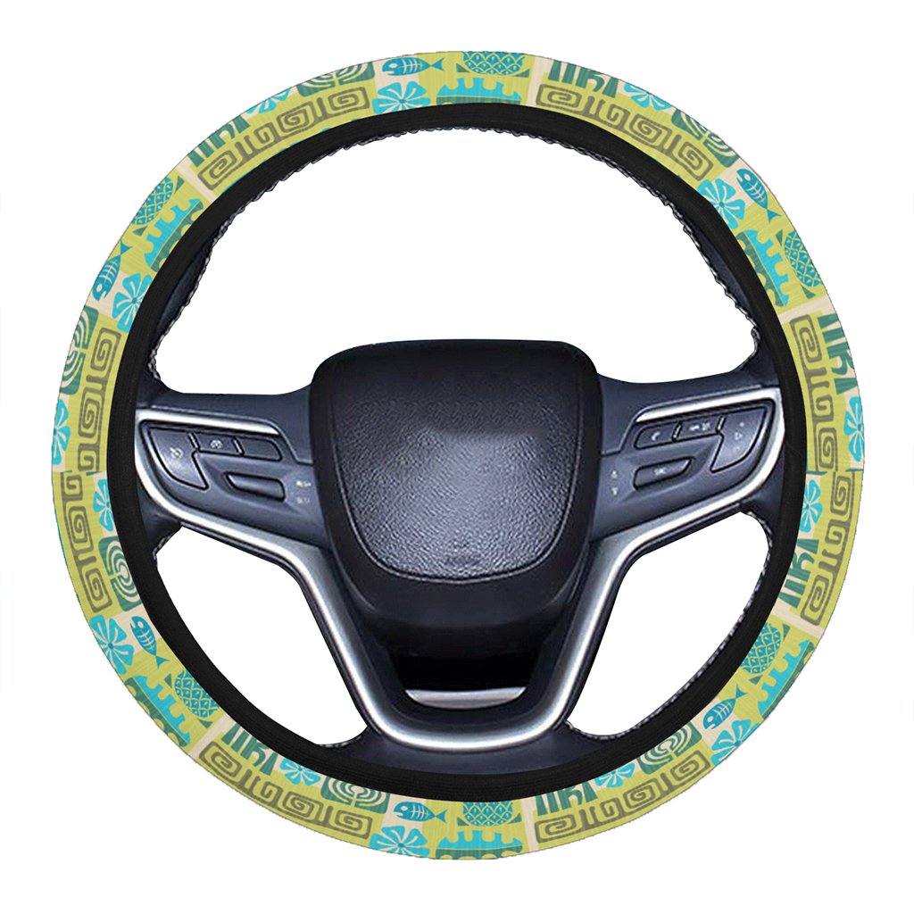 Hawaii Seamless Exotic Tiki Pattern Hawaii Universal Steering Wheel Cover with Elastic Edge One Size Blue Steering Wheel Cover - Polynesian Pride