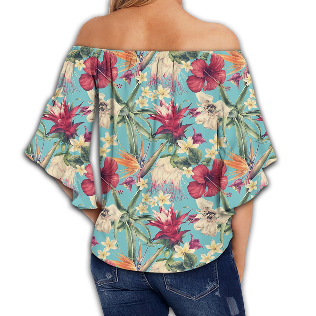 Hawaii Seamless Floral Pattern With Tropical Hibiscus, Watercolor Women's Off Shoulder Wrap Waist Top - AH - Polynesian Pride