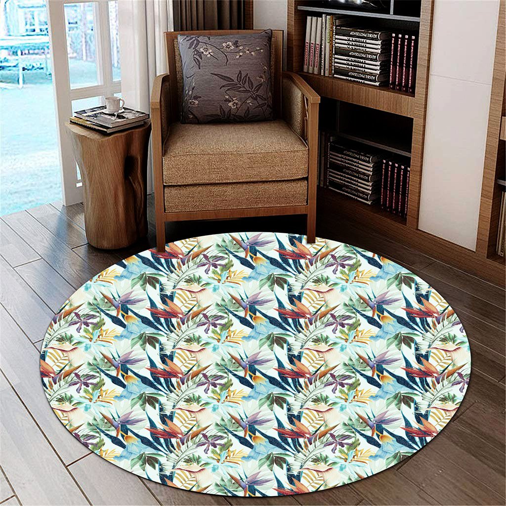 Hawaii Seamless Tropical Flower Plant And Leaf Round Carpet - AH Round Carpet Luxurious Plush - Polynesian Pride