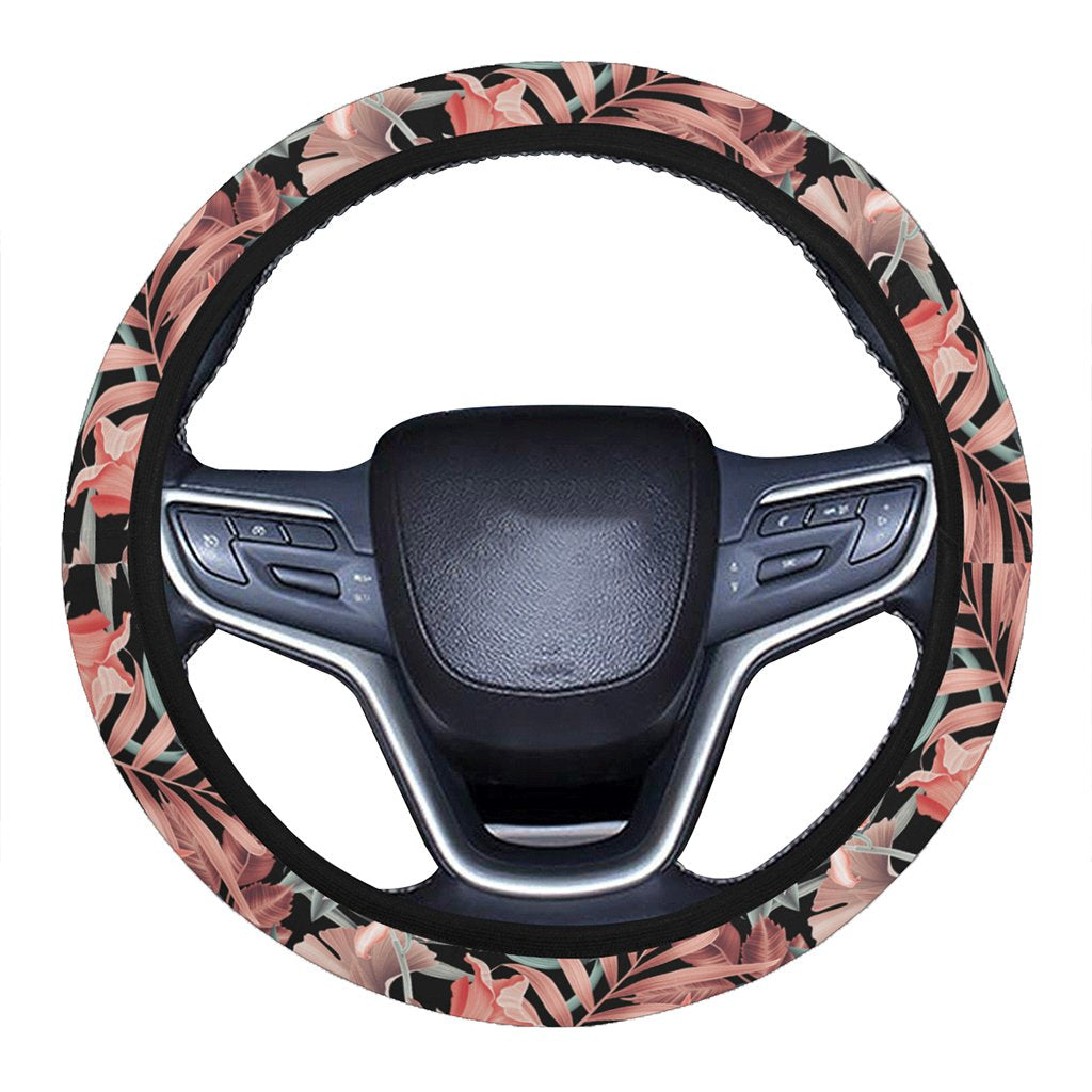 Hawaii Seamless Tropical Flower Plant Leaf Pattern Background Retro Botanical Style Hawaii Universal Steering Wheel Cover with Elastic Edge One Size Blue Steering Wheel Cover - Polynesian Pride