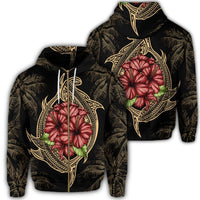 Hawaii Shark Hibiscus Gold Zip Hoodie Unisex Art - Polynesian Pride