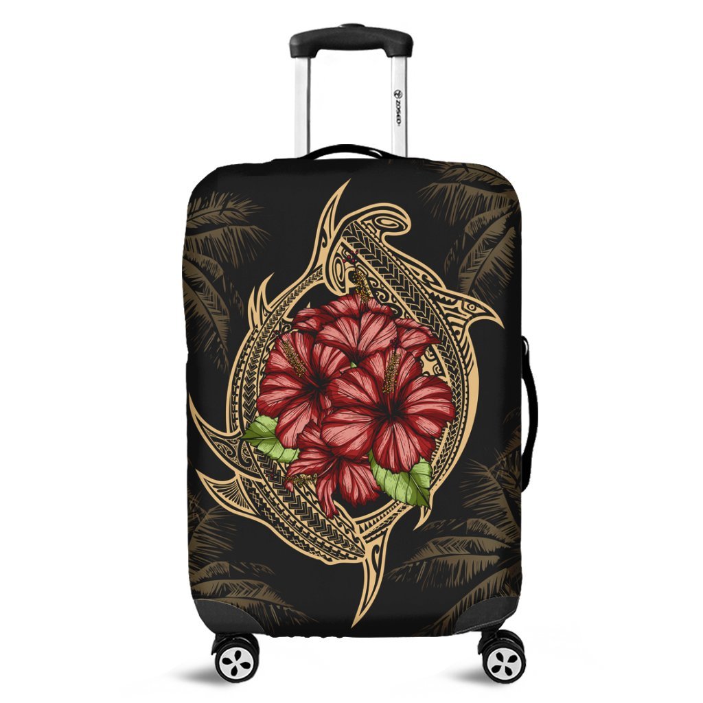 Hawaii Shark Hibiscus Gold Luggage Covers - AH Black - Polynesian Pride