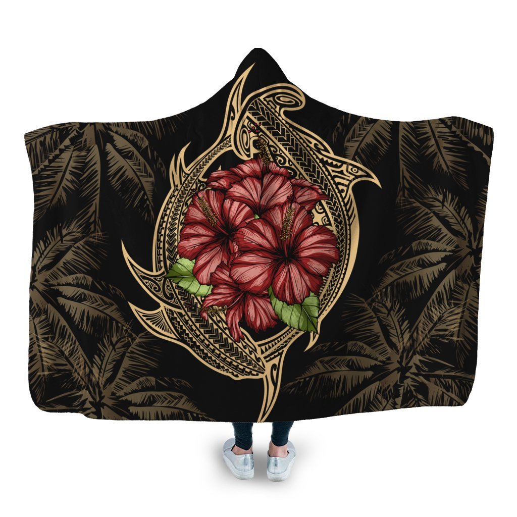 Hawaii Shark Hibiscus Gold Hooded Blanket - AH Hooded Blanket White - Polynesian Pride