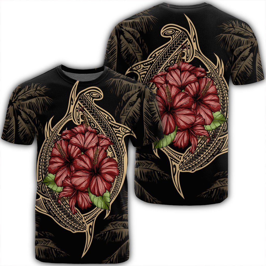 Hawaii Shark Hibiscus Gold T Shirt Unisex Black - Polynesian Pride