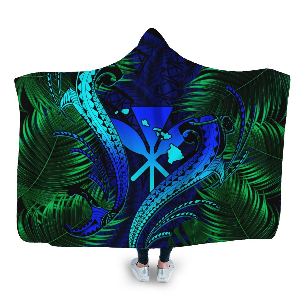 Hawaii Shark Polynesian Tropical Hooded Blanket - Blue - AH Hooded Blanket White - Polynesian Pride