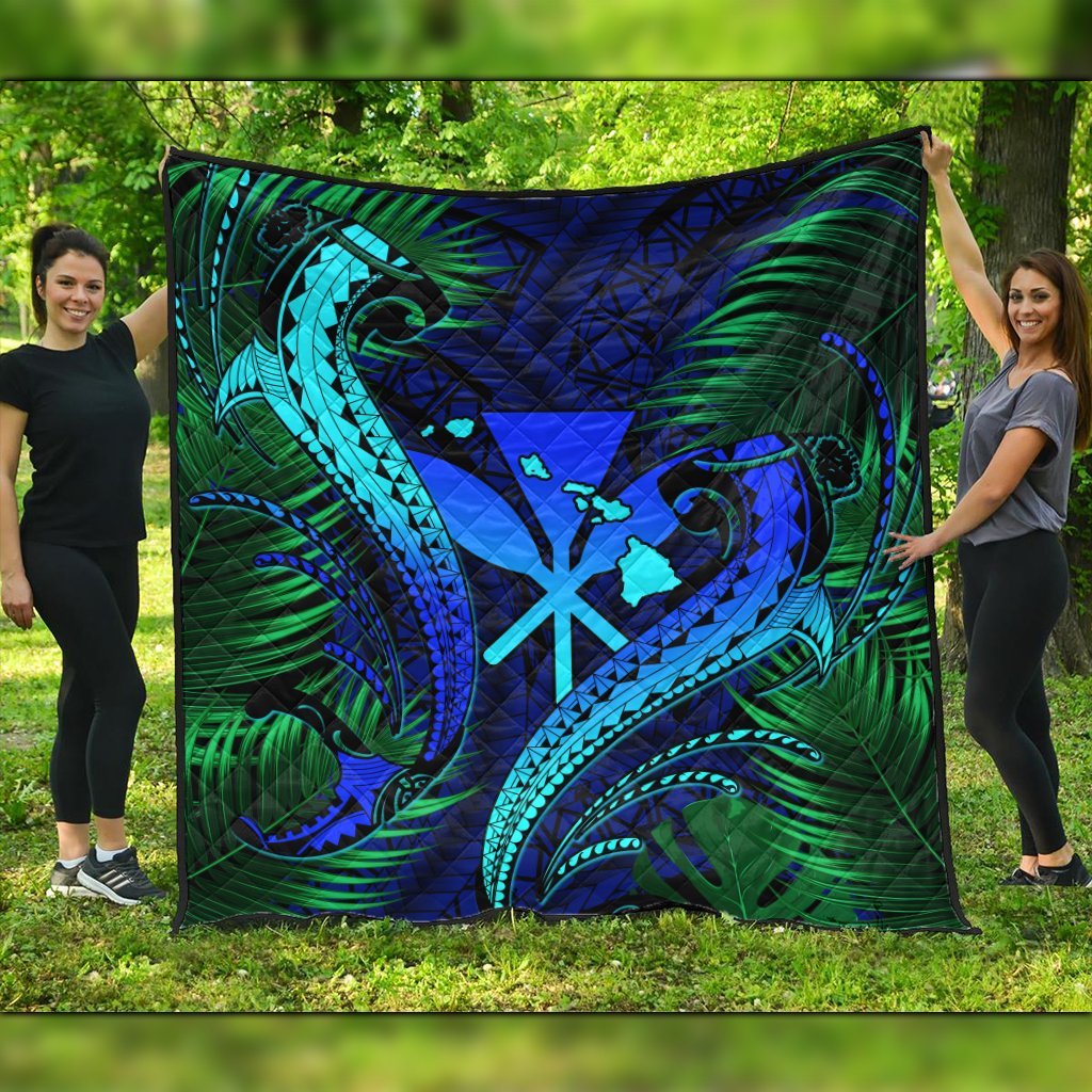 Hawaii Shark Polynesian Tropical Premium Quilts - Blue - AH Black - Polynesian Pride