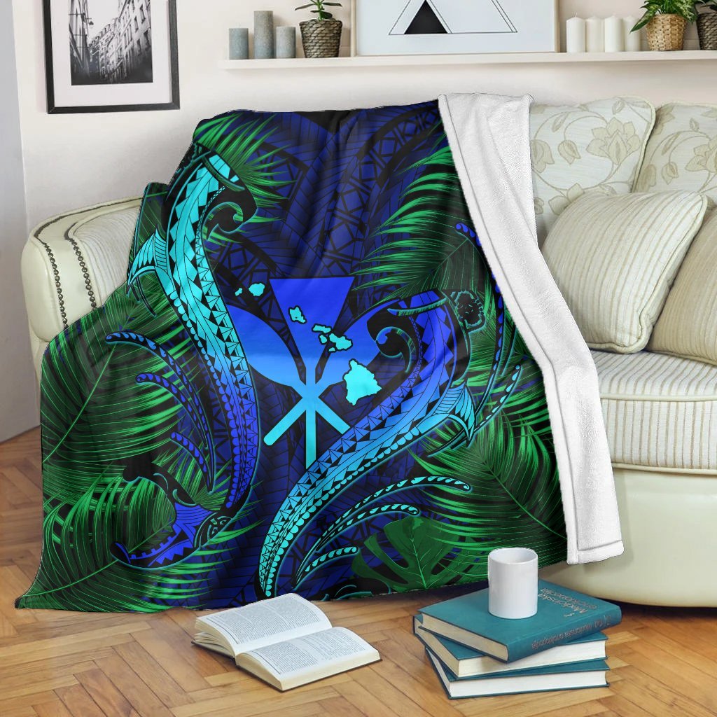 Hawaii Shark Polynesian Tropical Premium Blankets - Blue - AH White - Polynesian Pride