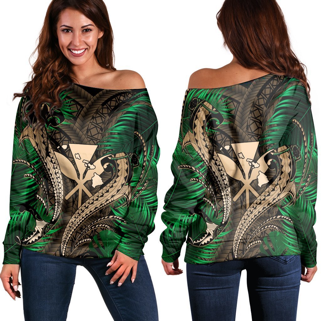 Hawaii Shark Polynesian Tropical Women's Off Shoulder Sweater - Gold - AH Black - Polynesian Pride