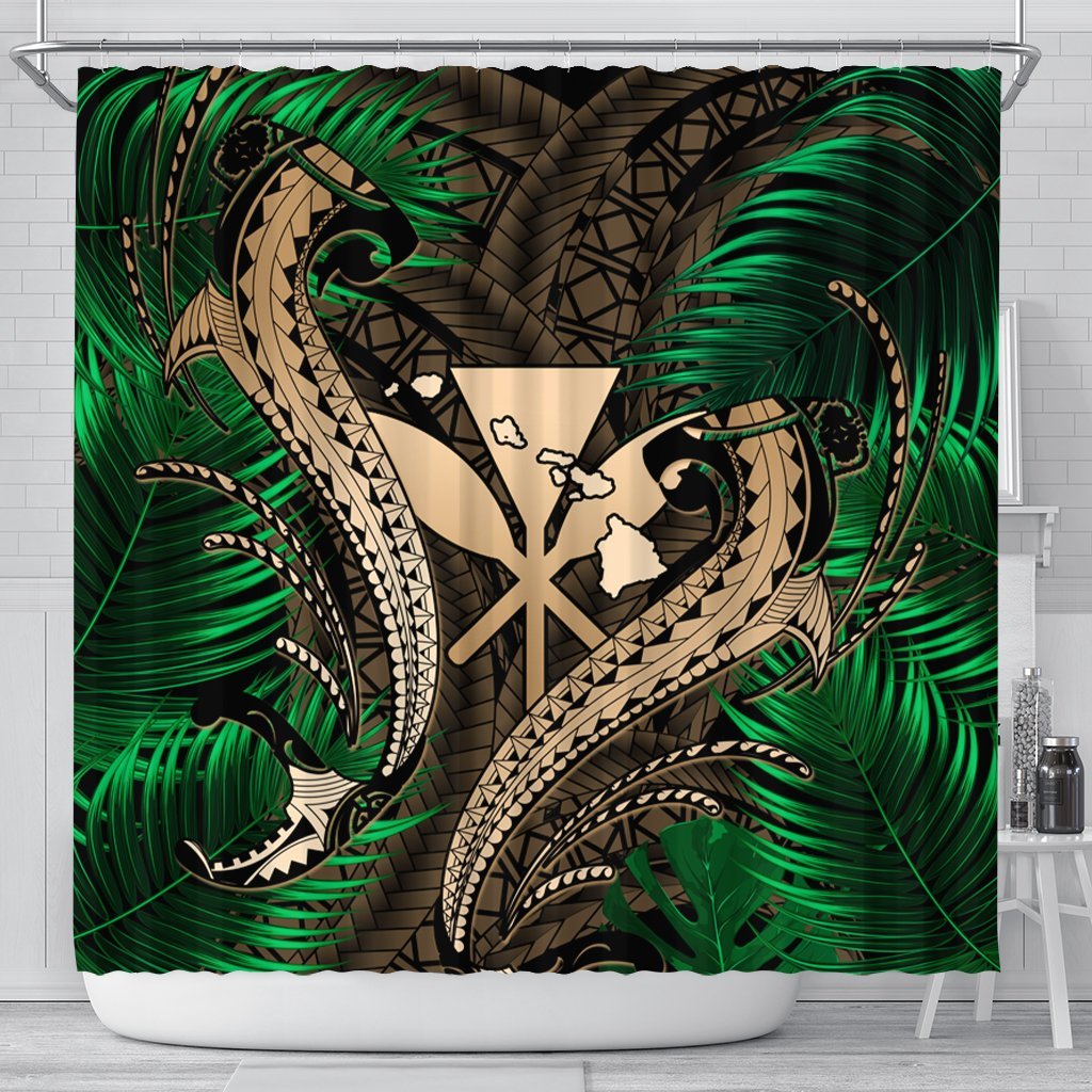 Hawaii Shark Polynesian Tropical Shower Curtain - Gold - AH 177 x 172 (cm) Black - Polynesian Pride