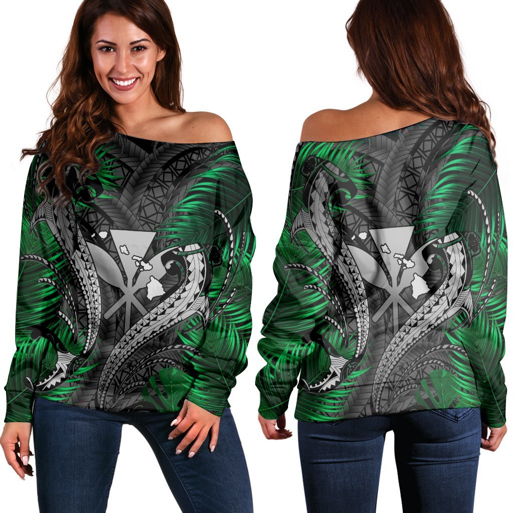 Hawaii Shark Polynesian Tropical Women's Off Shoulder Sweater - Gray - AH Black - Polynesian Pride