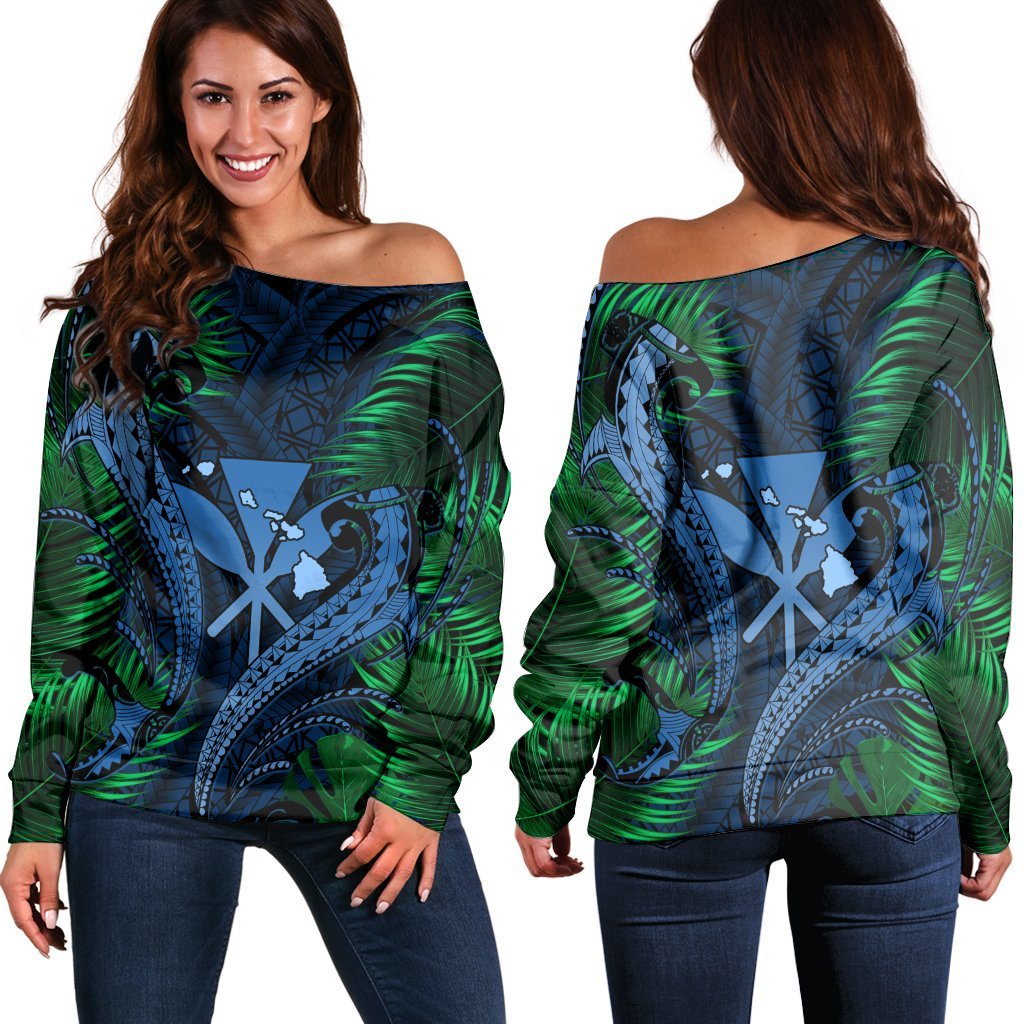 Hawaii Shark Polynesian Tropical Women's Off Shoulder Sweater - Pastel - AH Black - Polynesian Pride