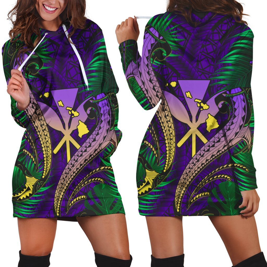 Hawaii Shark Polynesian Tropical Hoodie Dress - Purple - AH Black - Polynesian Pride