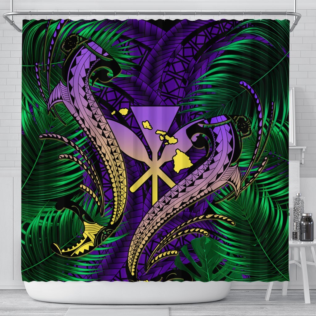 Hawaii Shark Polynesian Tropical Shower Curtain - Purple - AH 177 x 172 (cm) Black - Polynesian Pride